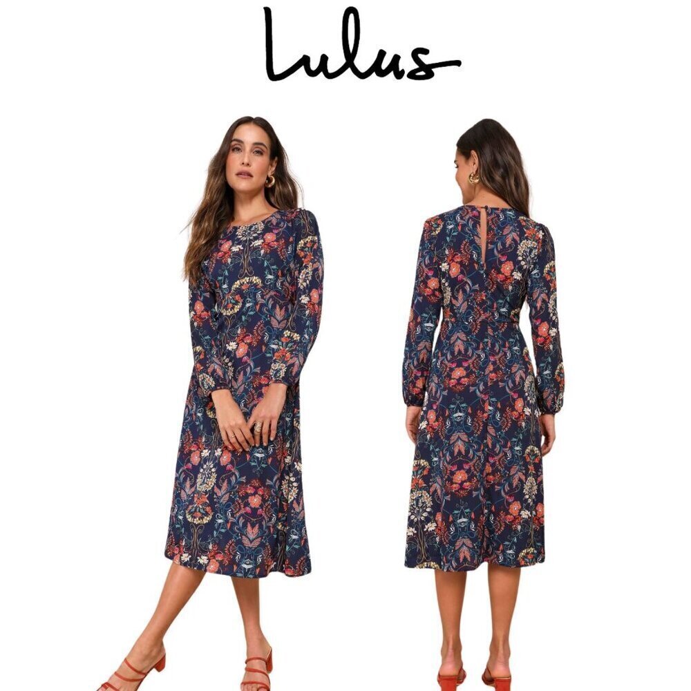 I.Madeline Garden Splendor Navy Blue Flora | Long Sleeve Midi Dress Sz: Small - Picture 1 of 16